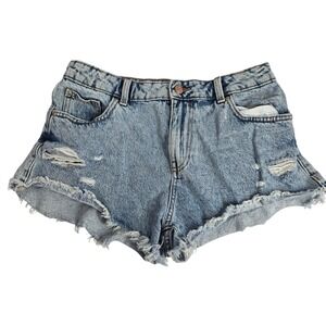 Zara Denim Shorts Womens 6 High Waisted Light Wash Thrashed Cut Offs Raw Hem
